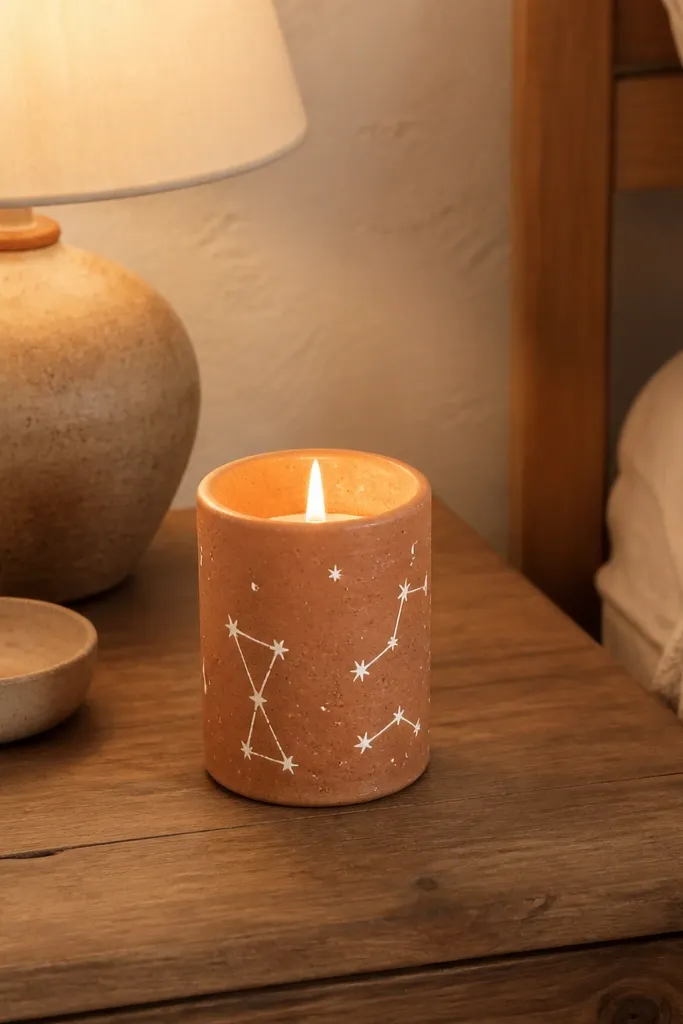 Terracotta speckled taper with thin white constellation lines across the middle