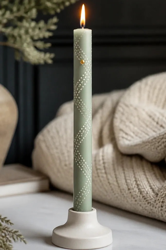 Matte cream taper with a sage ribbon band and tiny dots plus one small gold accent