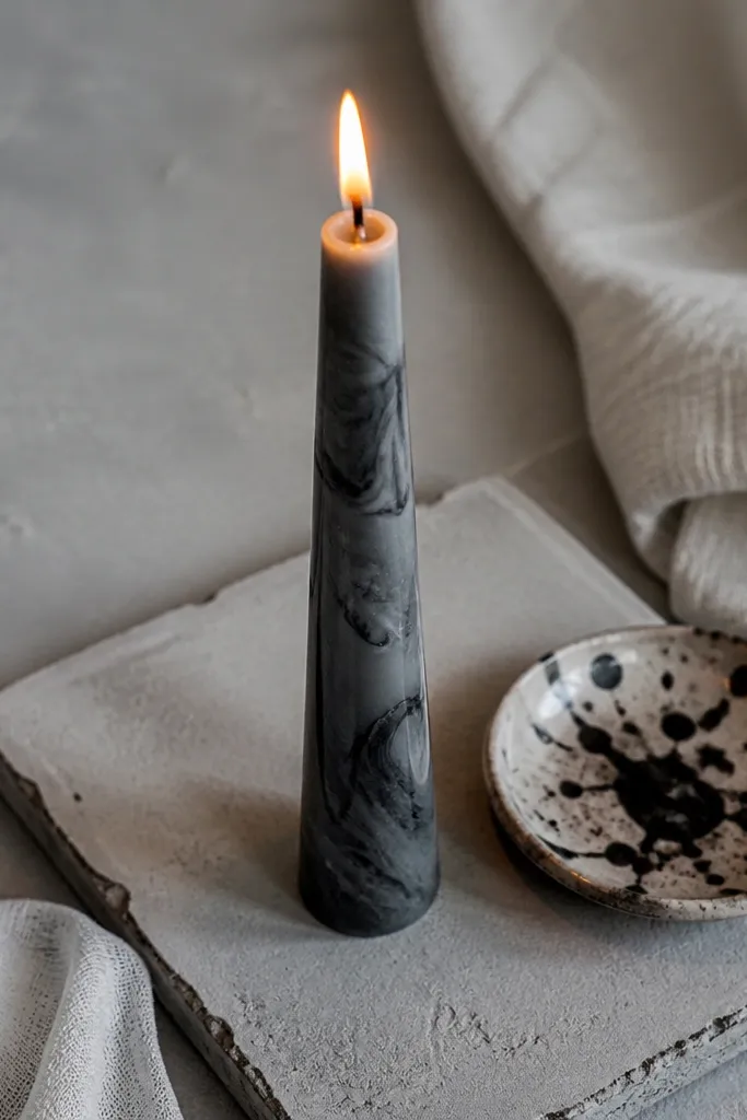 Gray marble-like taper with charcoal veins and a soft smoky highlight near the edges