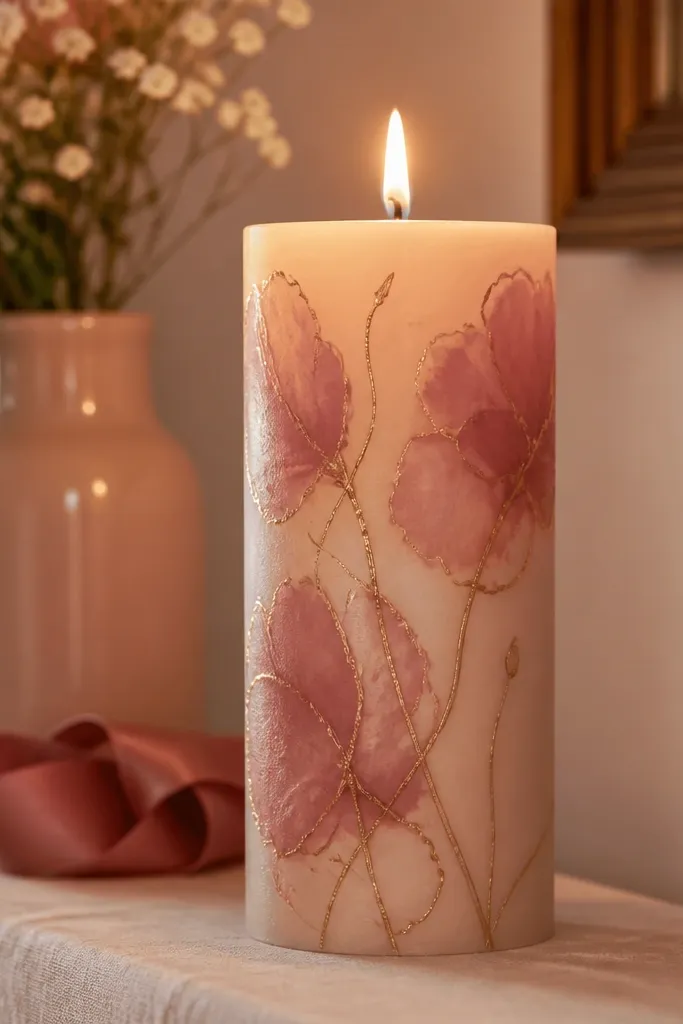Dusty rose taper with painted blooms and thin gold thread stems climbing upward