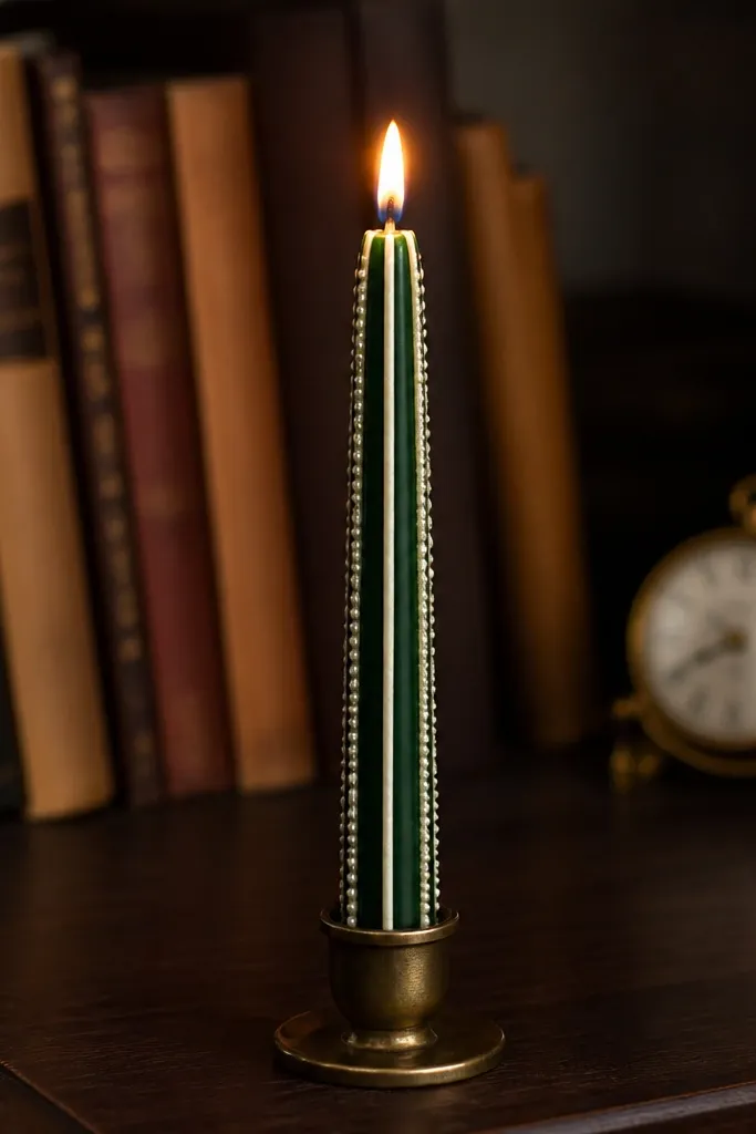 Cream taper with forest green vertical stripes and subtle pearl highlights between them