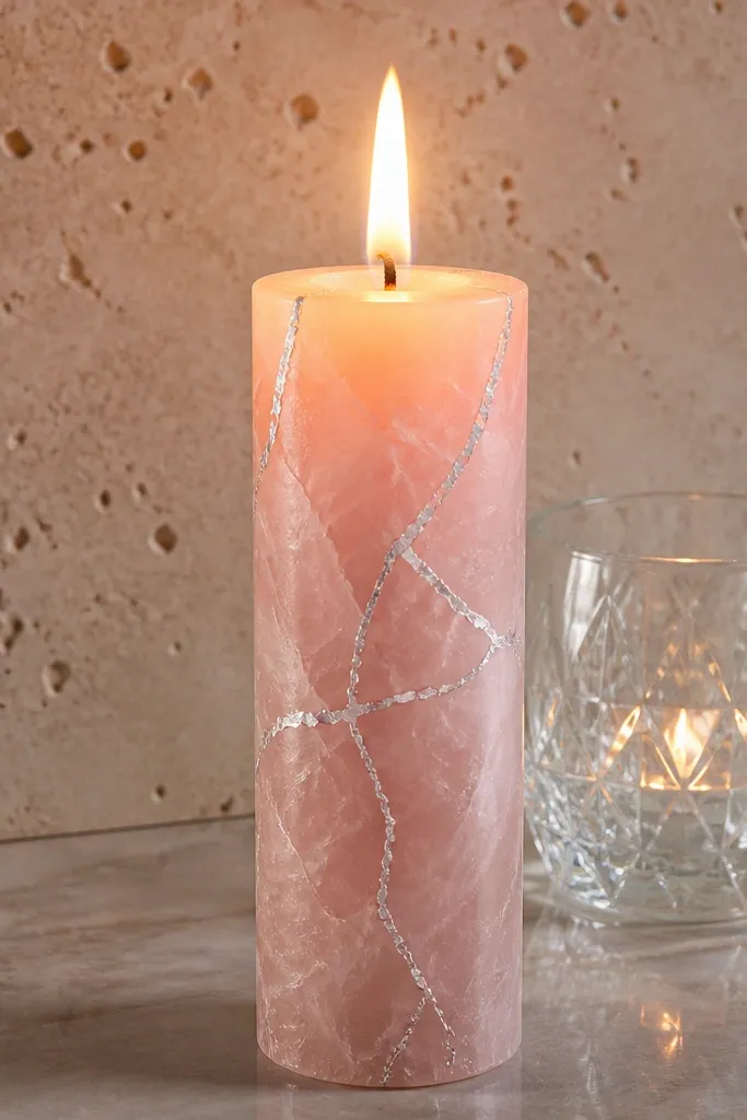 Pink rose quartz wash taper with thin silver vein lines