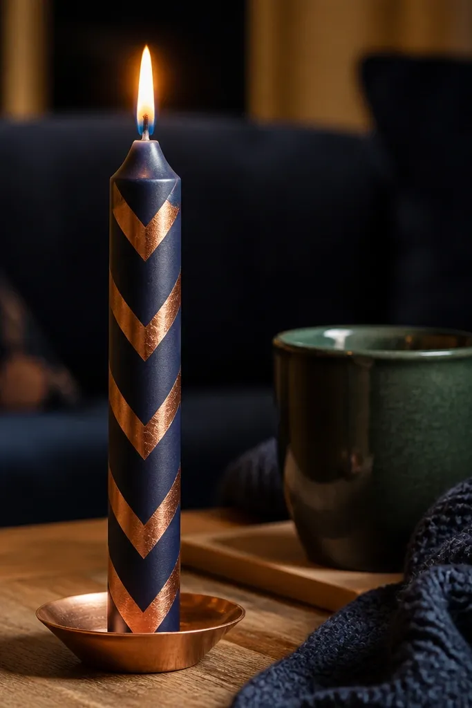 Midnight navy taper with copper chevron panels across the middle