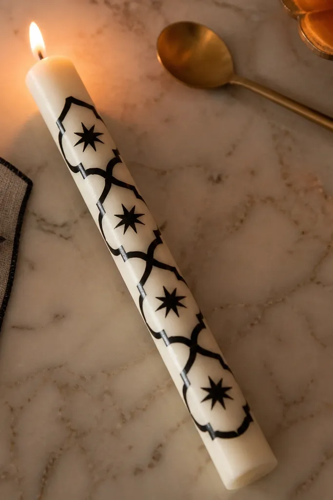 Ivory taper with black Moroccan tile frames and small geometric stars