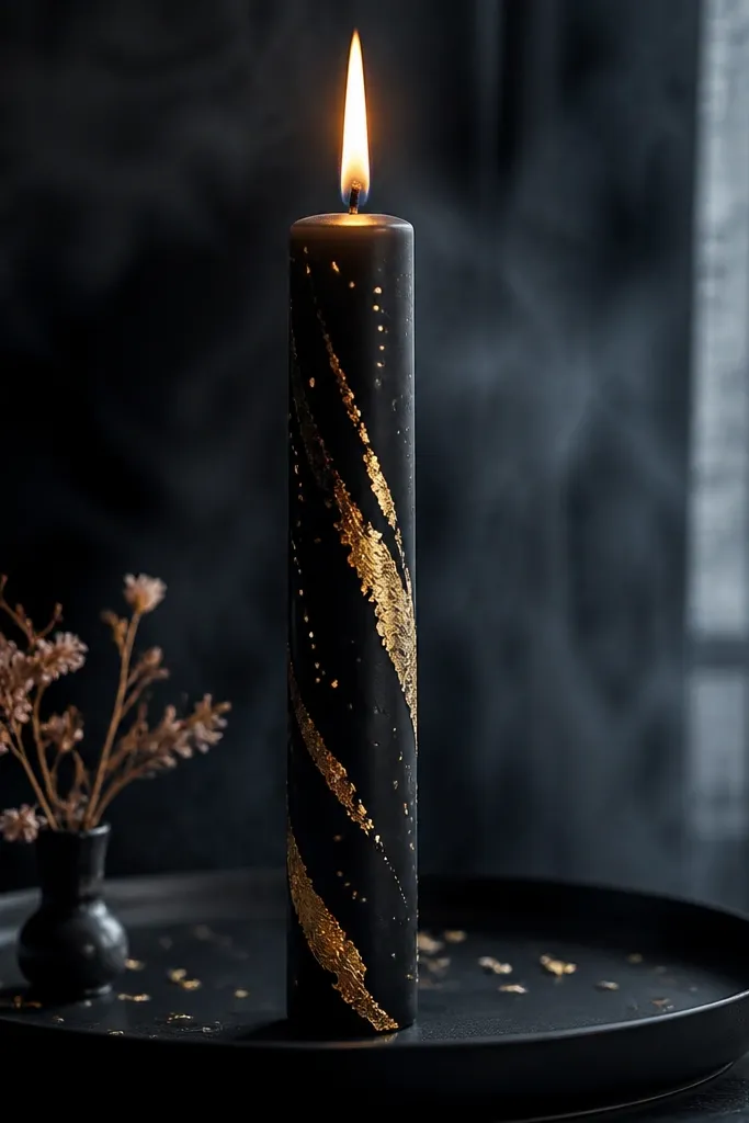 Matte black taper with sparse gold leaf-like dots and small gold streaks