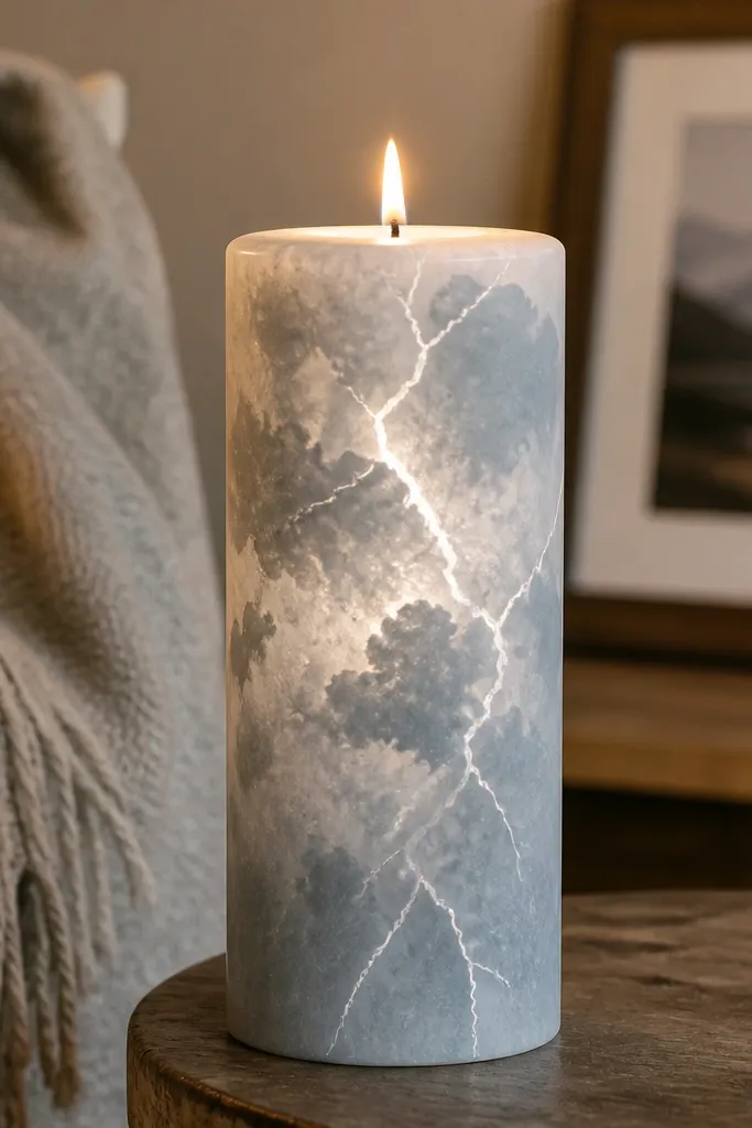 Soft gray cloud-painted taper with thin white lightning crackle lines