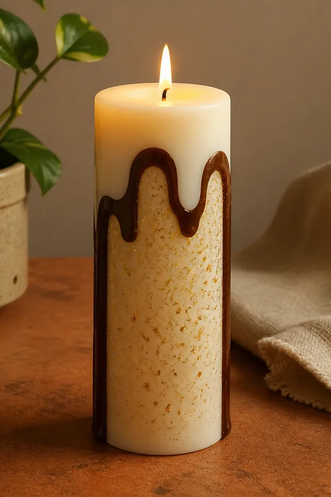 Cream taper with a chocolate drip border and gold speckle inside the frame