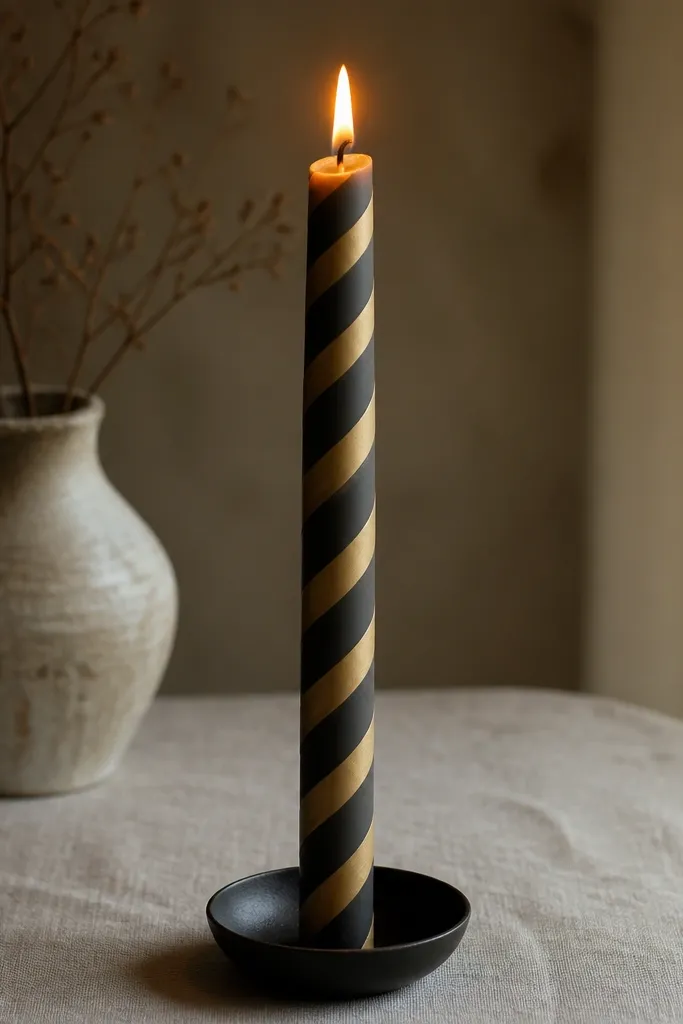 Cream taper with dusty gold satin-like stripes and thin black intervals