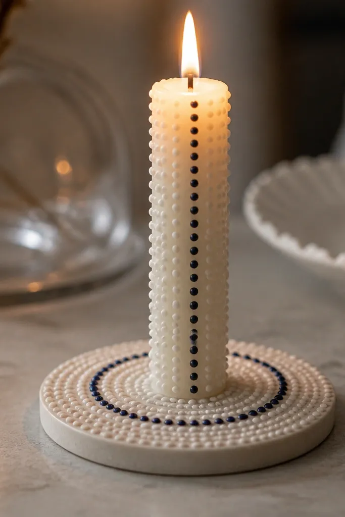 White taper with raised texture dots and a single navy dot row across the middle