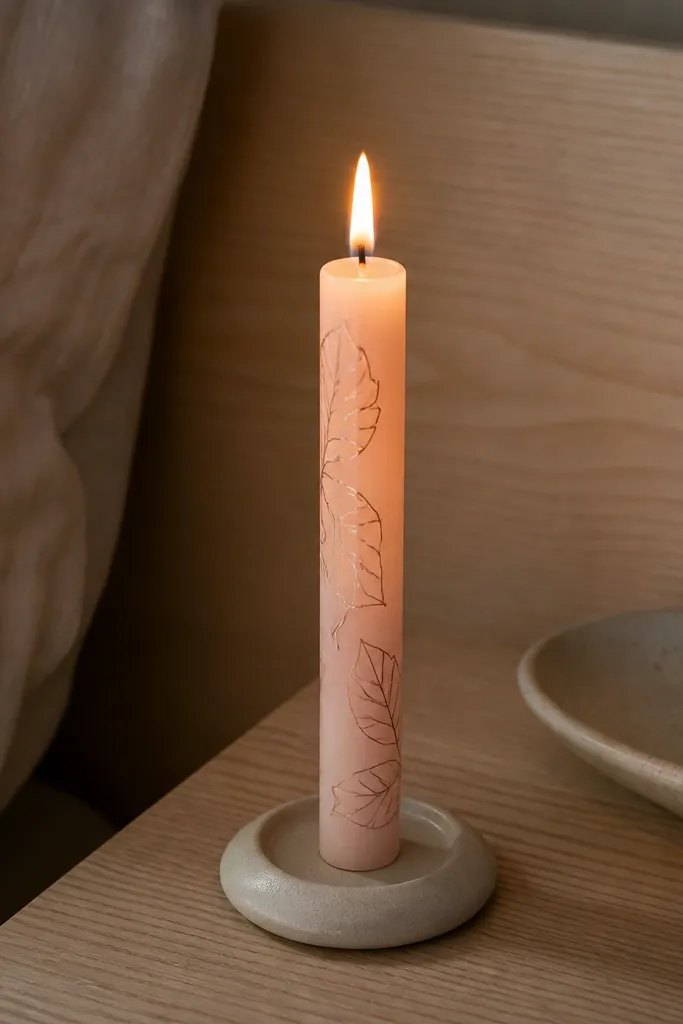 Pearl pink taper with delicate black leaf vein lines scattered on the sides