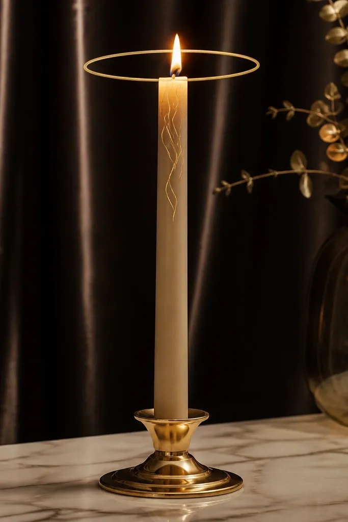 Light beige taper with a thin gold ring near the top and subtle gold smoke lines below