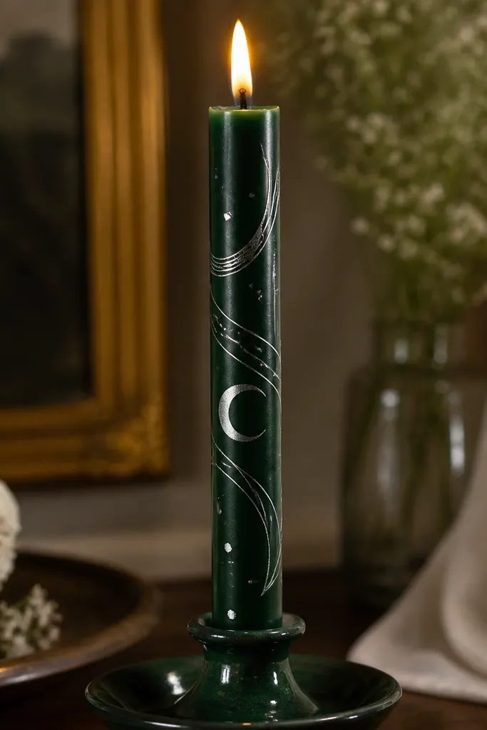 Deep emerald taper with thin silver arcs and tiny micro dot stars