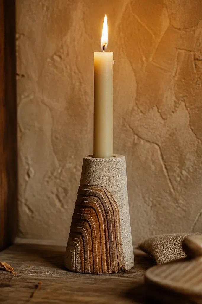 Warm beige textured taper with burnt umber contour lines like topographic maps
