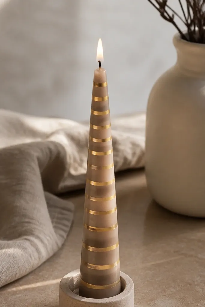 Ivory taper with champagne gold stripes and soft taupe wash between the bands