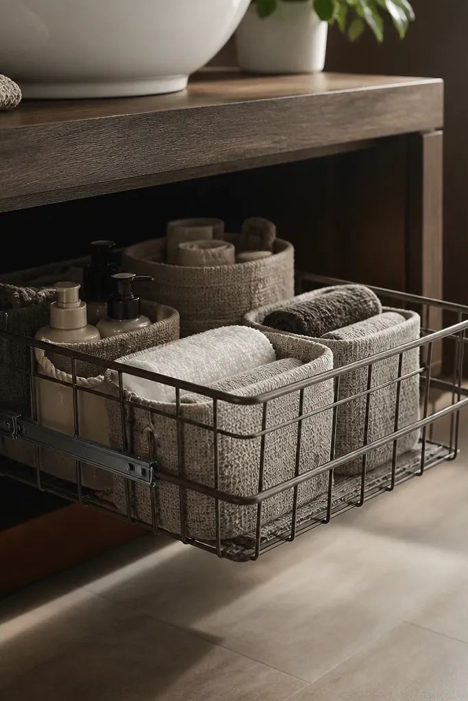 White closet shelves with a sliding basket under a shelf for towels and backups