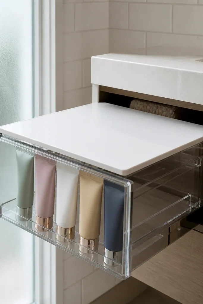 Clear-lidded acrylic drawer holding neatly arranged skincare tubes and lip products