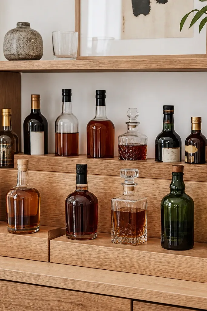 Bathroom closet shelves with staggered wooden risers holding bottles at different heights