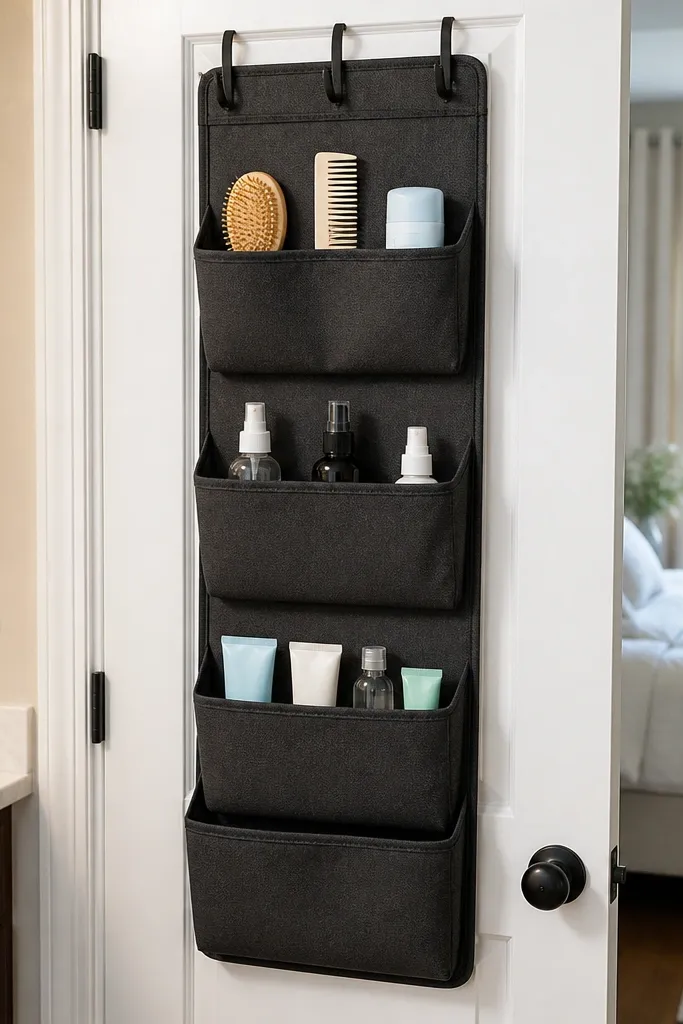 Closet door with vertical pocket organizer for hair tools and small bottles