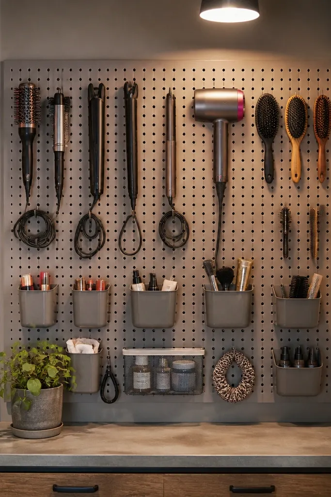 Pegboard panel inside closet with hooks holding bottles and brushes in neat rows