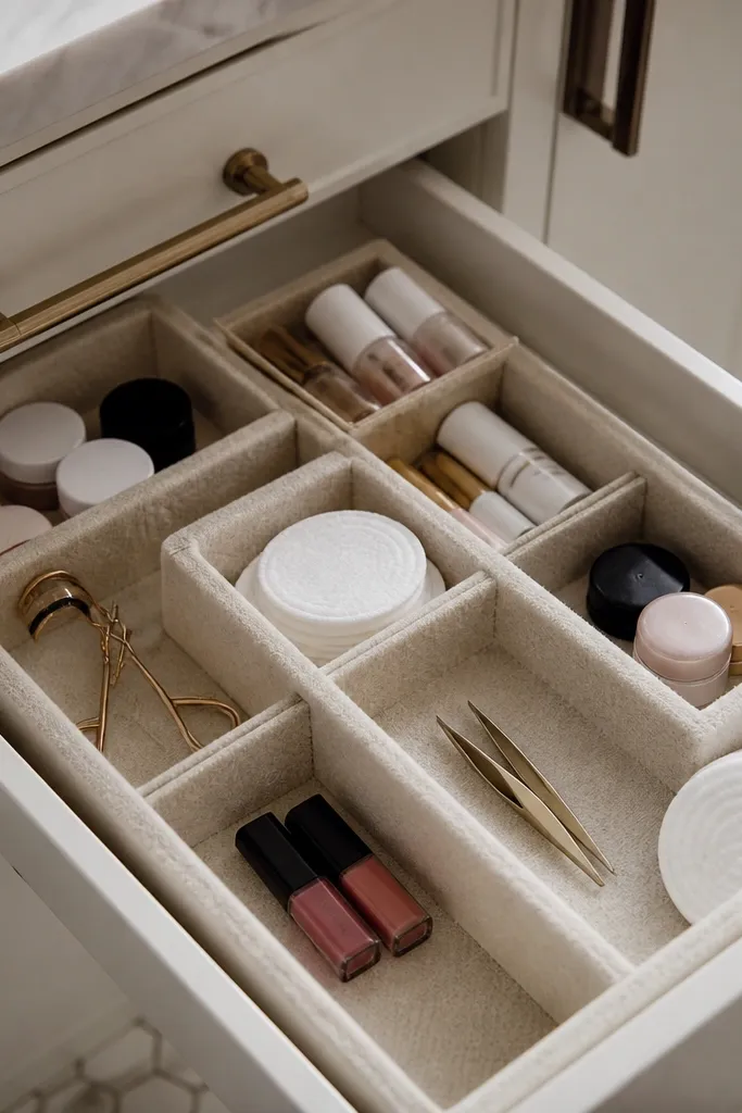 Closet drawer with fabric-lined compartments for makeup, brushes, and small tools