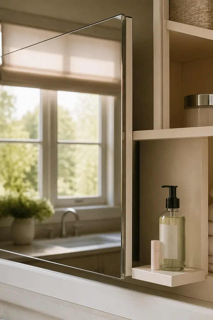 Mirrored cabinet door with a small hidden ledge for daily skincare