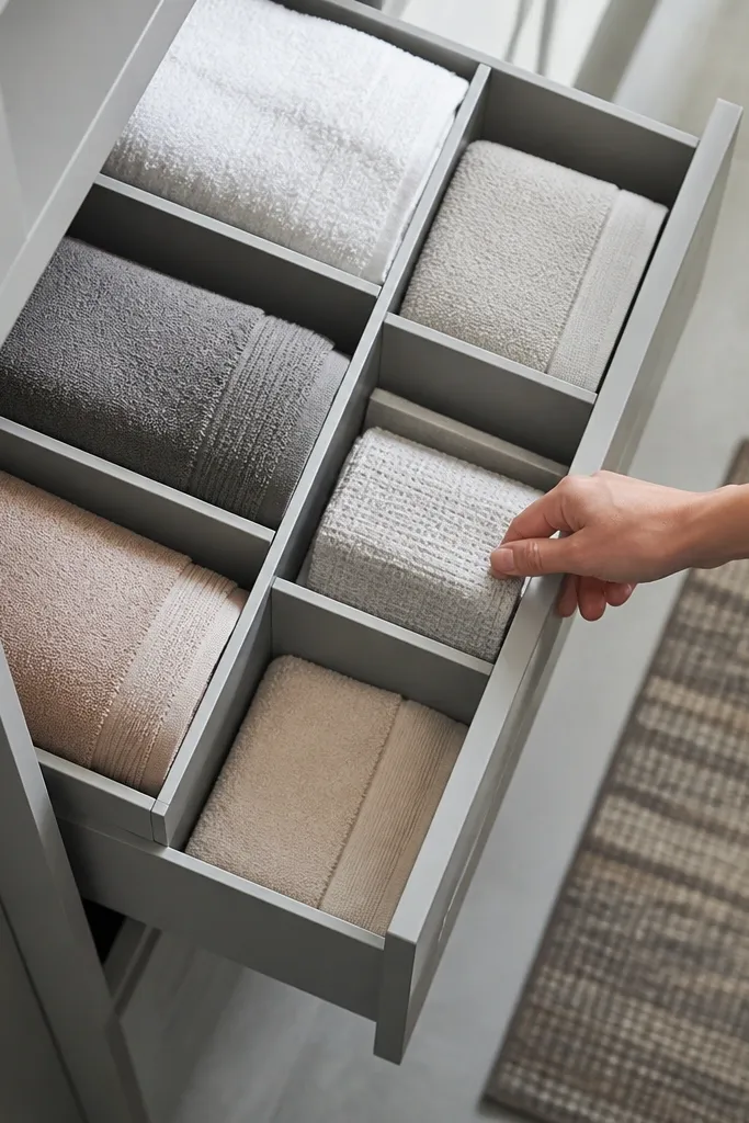 Stackable fabric drawers inside closet for folded towels with labeled fronts