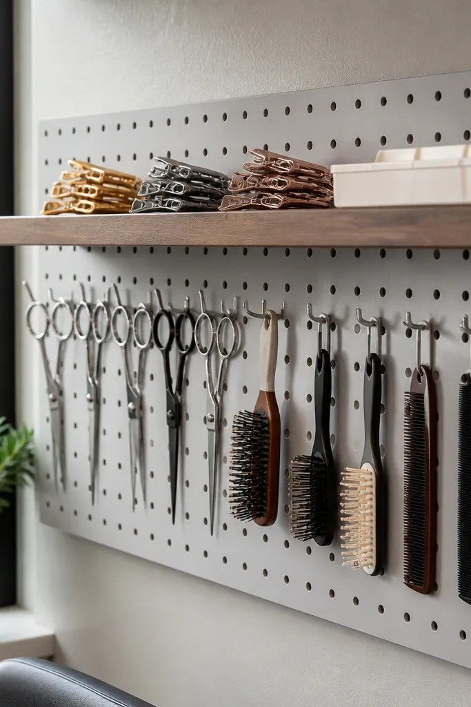 Small shelf above pegboard hooks holding scissors and brushes in neat rows