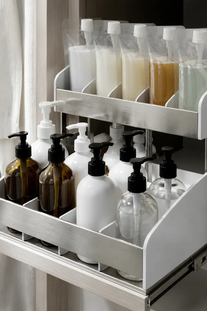 Two-tier pull-out drawer inside closet holding refill bottles and backups