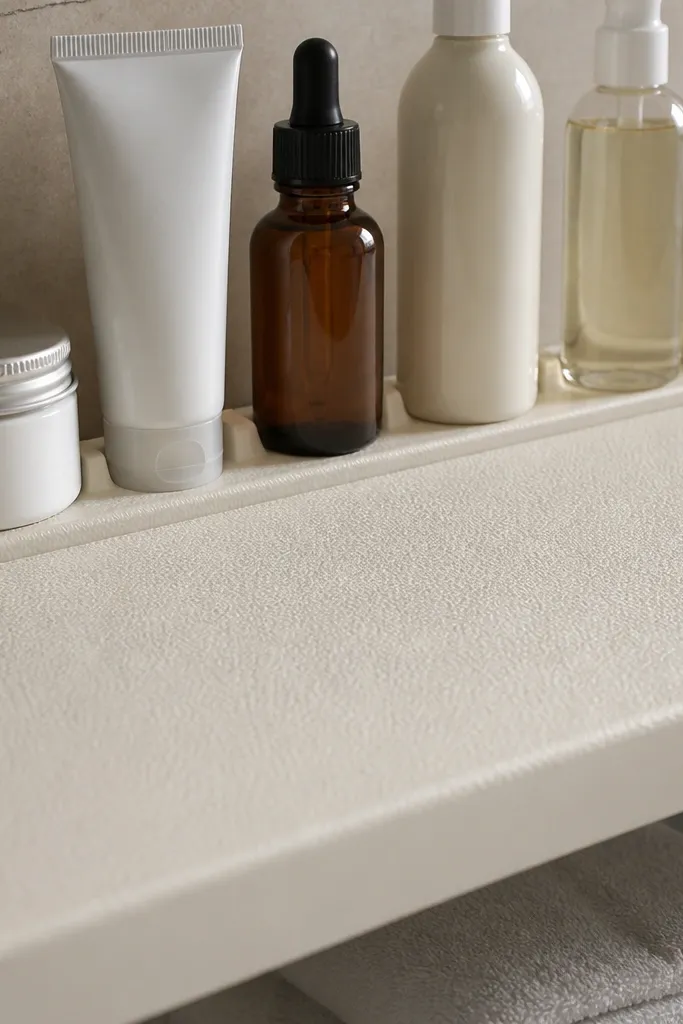 Bathroom closet shelves with fitted liners and raised ridges to keep bottles from sliding
