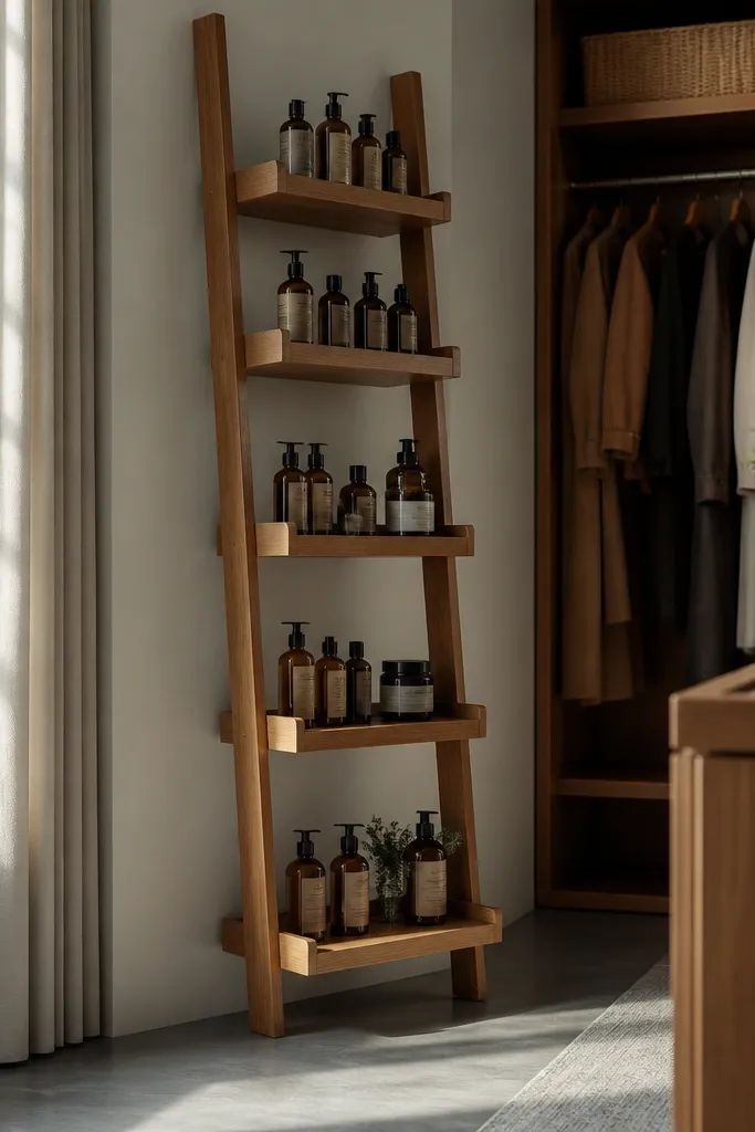 Small ladder-style floating shelves inside closet for styling products and jars