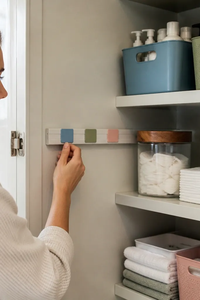 Closet interior with a neat label rail and color-coded tabs on bins and drawers