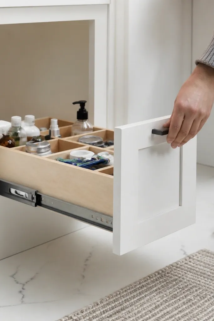 Roll-out tray inside closet holding small bottles, with a front pull handle