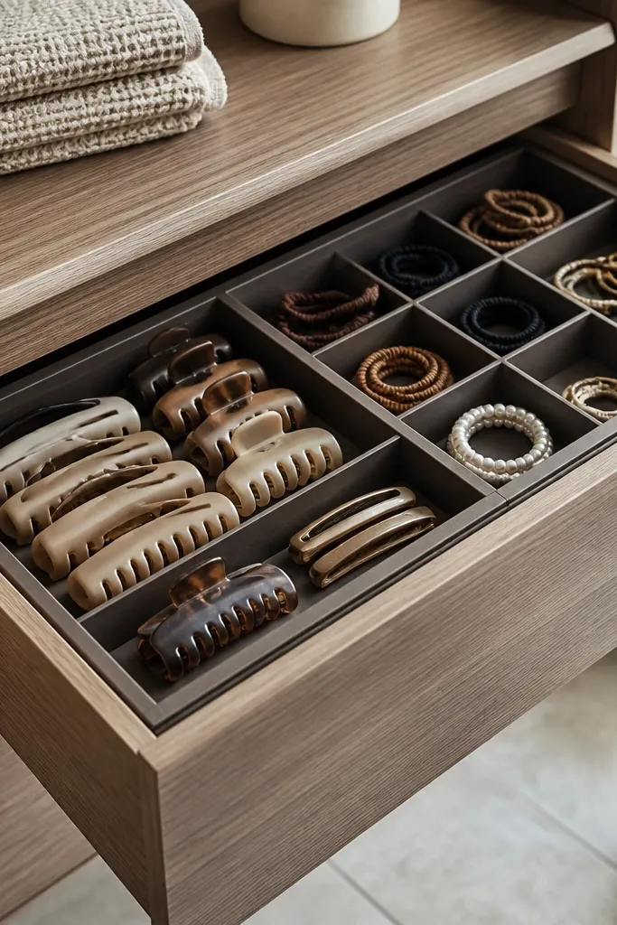 Small recessed drawer with compartments for hair clips and accessories