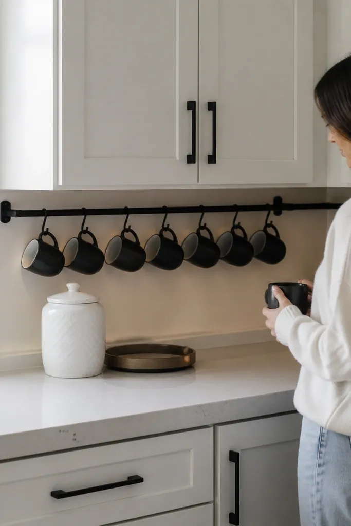 White shaker corner built-in with matte black rail holding mugs and a small tray on countertop