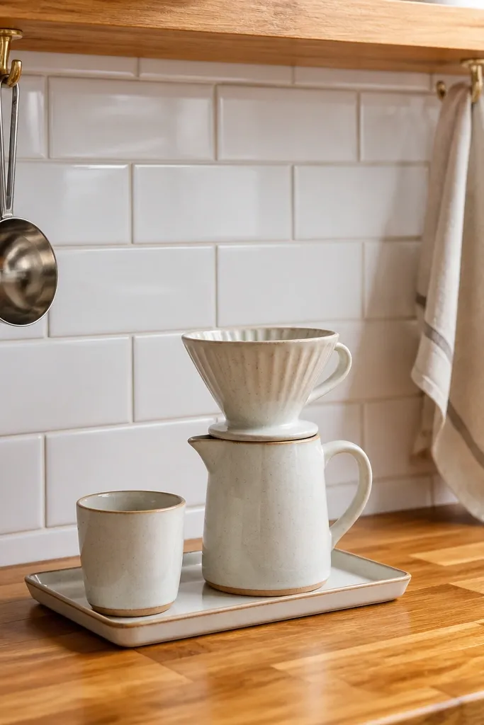 Butcher block corner countertop with light tile backsplash and brass hooks for mugs