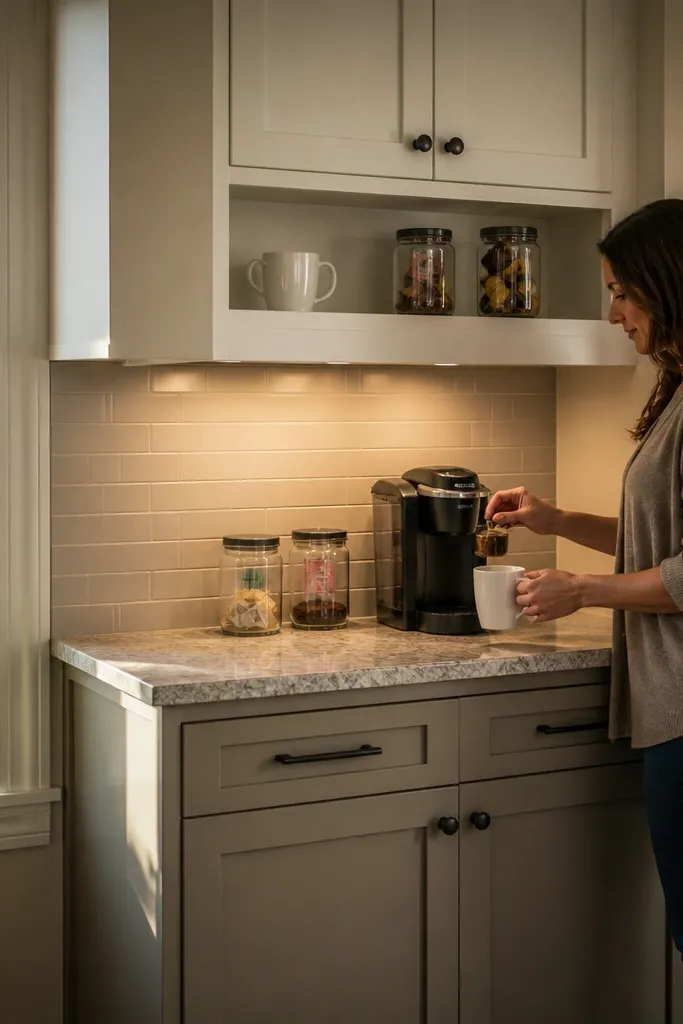 Two-tone corner cabinet with dark lower doors, light upper shelves, and stone-look countertop