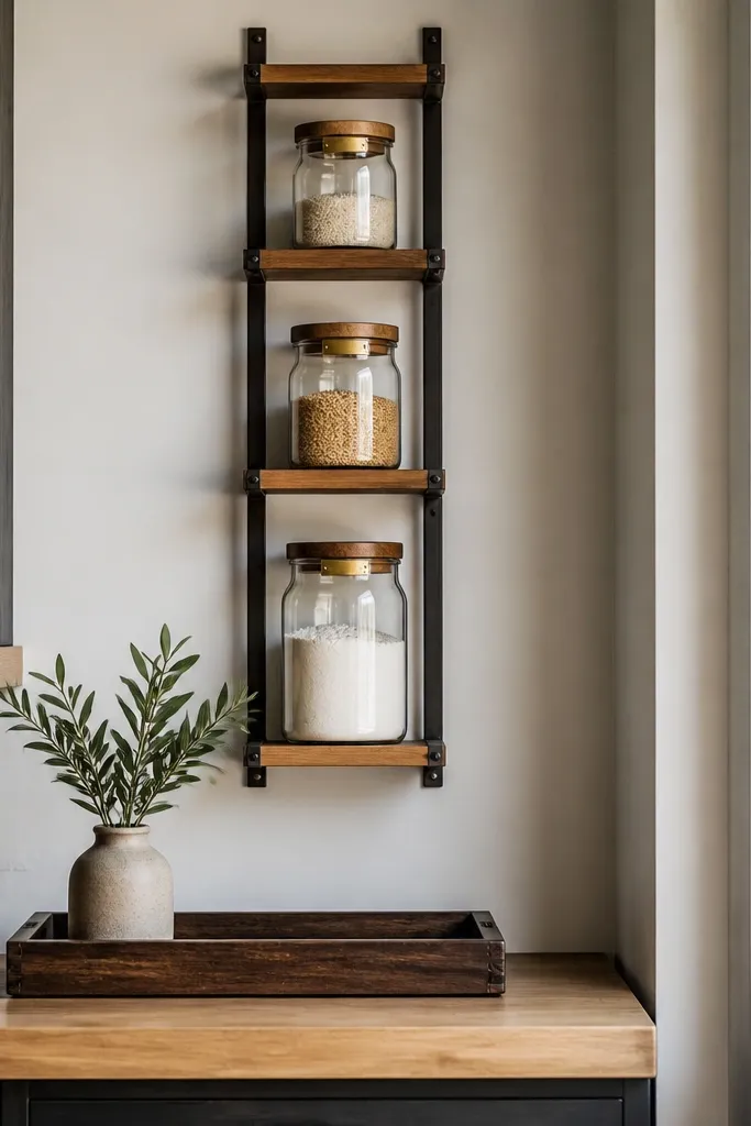 Ladder-style corner shelves with glass canisters, mugs hanging below, and a narrow countertop