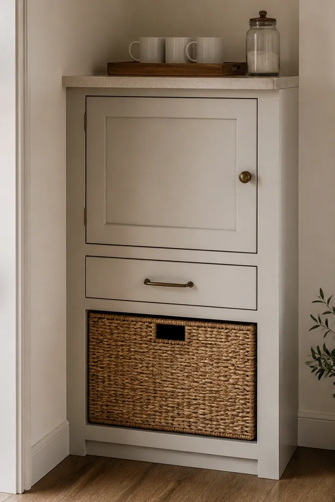 Corner cabinet with rattan-front drawer and a clean countertop coffee setup