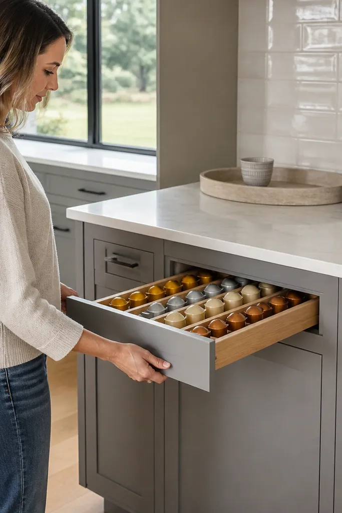 Corner coffee station with a pull-out drawer for pods and a tidy countertop with a tray