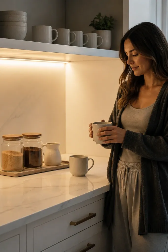 Marble-look corner coffee station with warm light under shelves and neatly arranged canisters