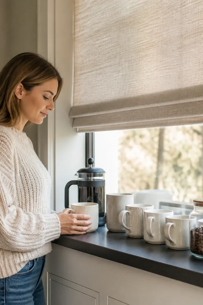 Coffee station on a corner window ledge with a roman shade and neatly placed mugs