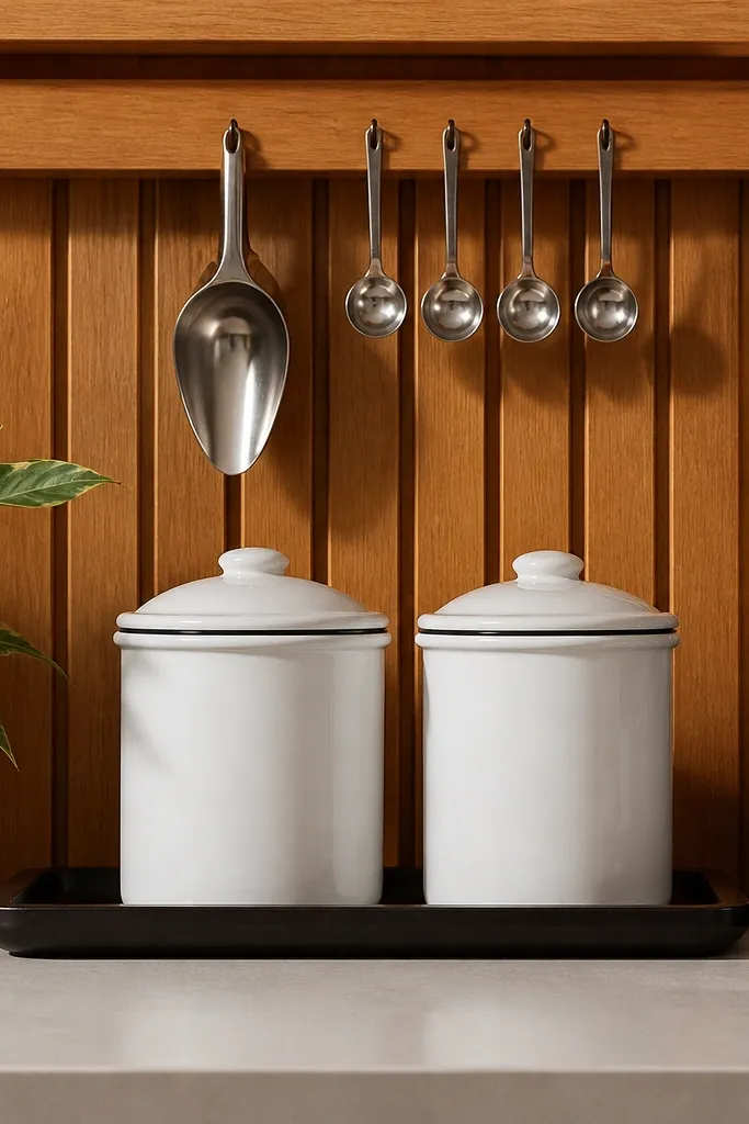 Oak slat panel in a corner behind coffee station with mugs on hooks and a tidy countertop