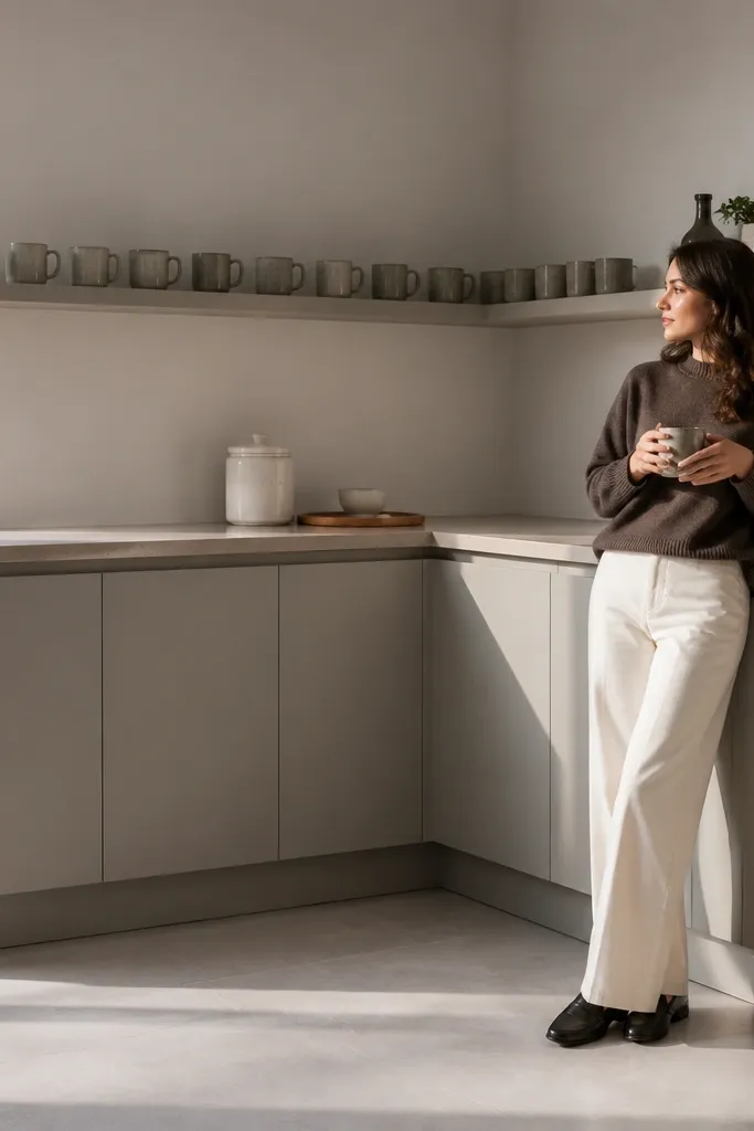 Floating corner cabinets with an open shelf for cups and a clean countertop tray