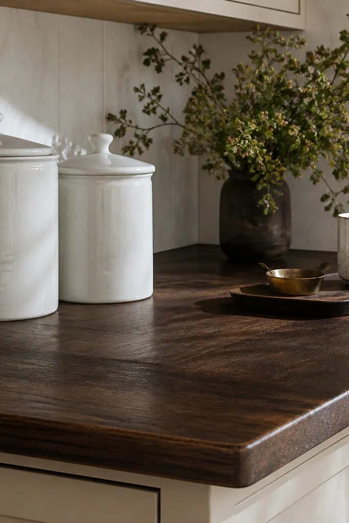 Dark walnut corner coffee station with white enamel canisters and a simple tray