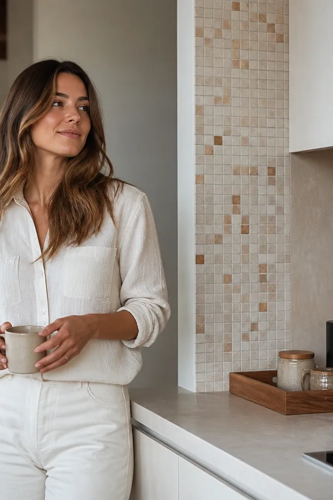 Corner coffee station with small mosaic tile accent and a matching countertop tray