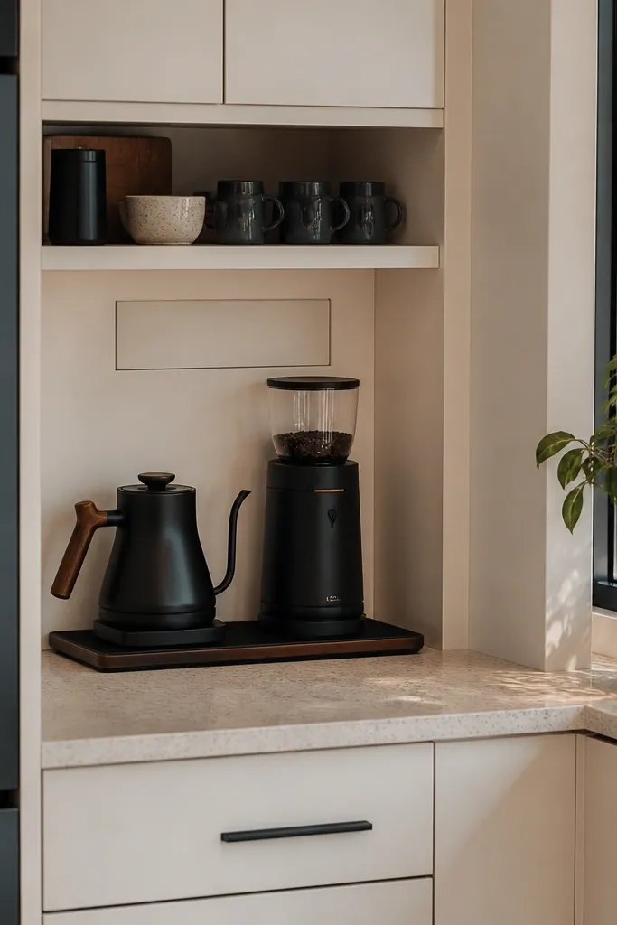 Corner coffee station with clean outlet placement and a tidy cord path behind cabinet
