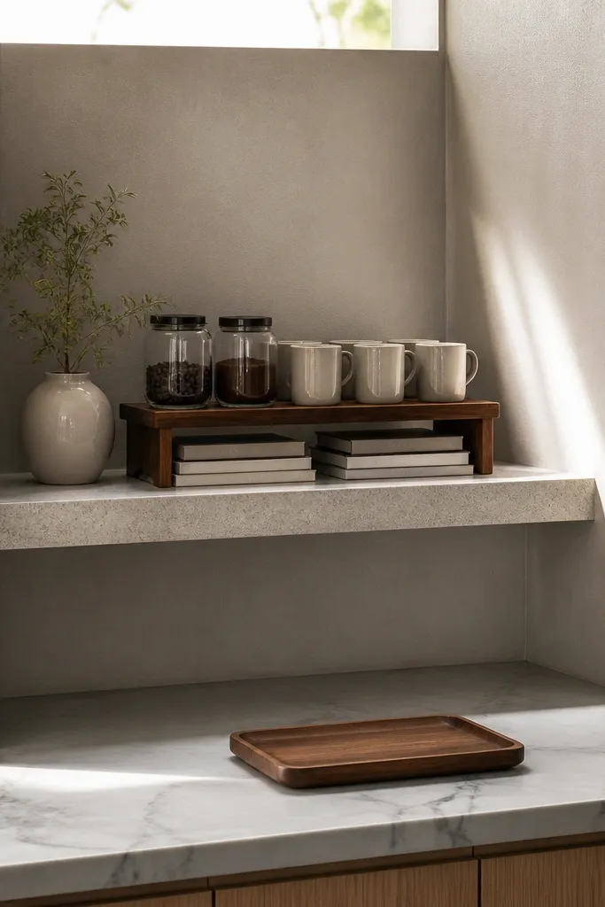 Corner ledge shelf with coffee items arranged neatly and a small stack of books underneath