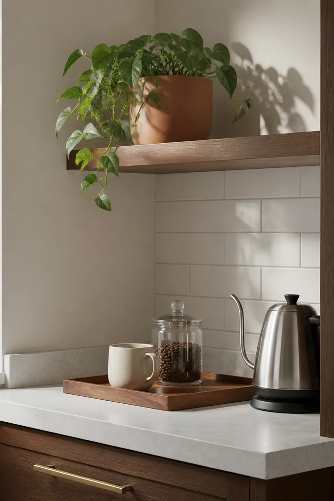 Corner coffee station with a small plant shelf above and a tidy countertop with tray and canisters