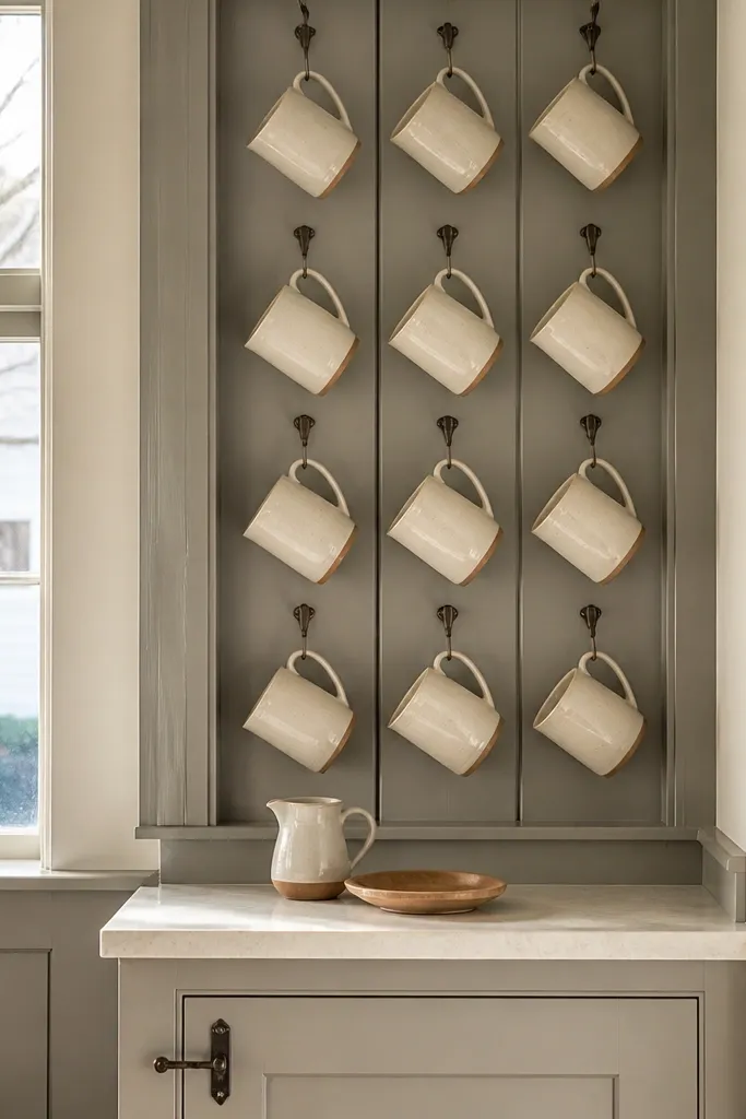 Corner coffee station with vertical mug display on a panel and hidden cabinet storage