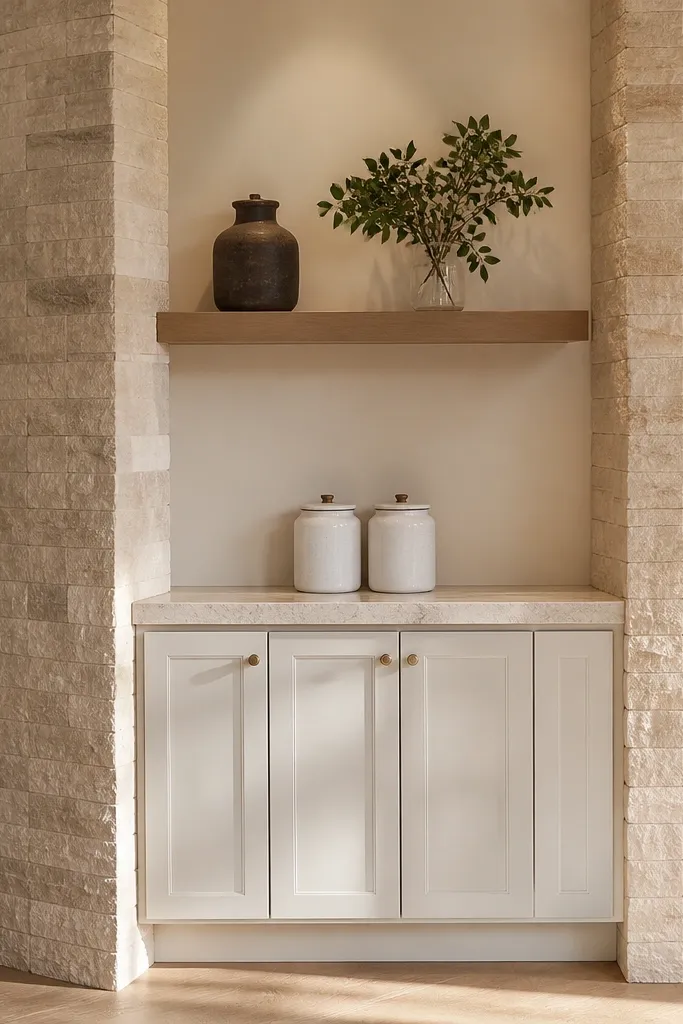 Corner coffee station with two faux stone columns framing the countertop and neat canisters